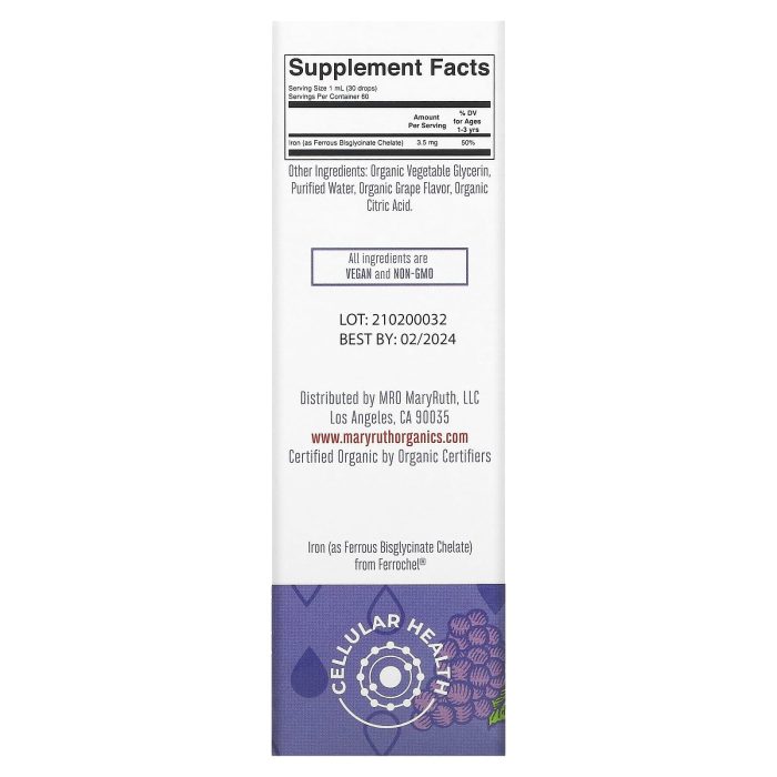 MaryRuth's, Toddler Iron Organic Liquid Drops, 1-3 Years, Grape, 3.5 mg, 2 fl oz (60 ml) - Image 2