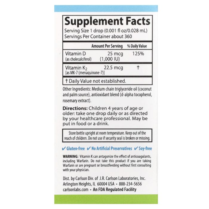 Carlson, Kid's Super Daily® D3 + K2, 0.34 fl oz (10.16 ml) - Image 2